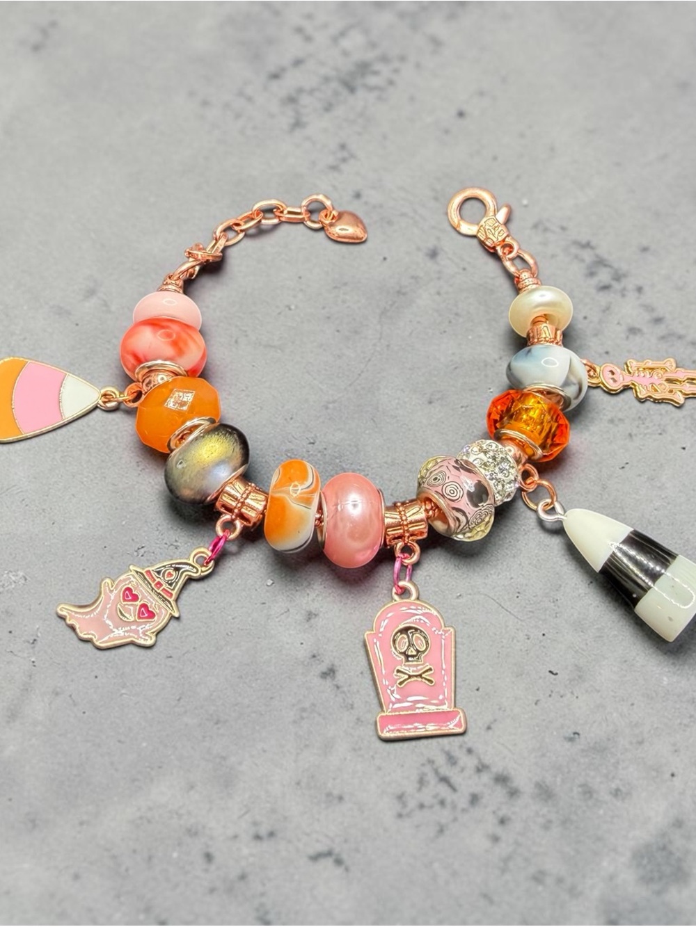 Rose Gold Charm Bracelet with Pink and Orange Glass Beads